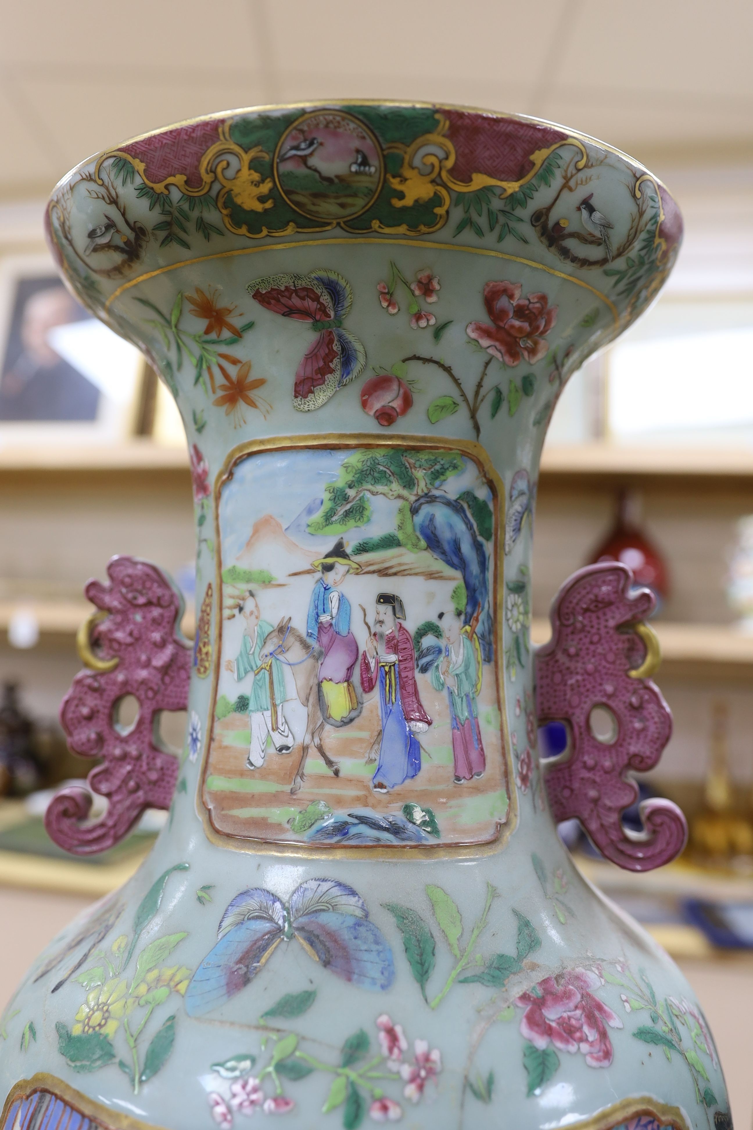 A pair of large Chinese famille rose celadon ground vases (a.f.) 65cm